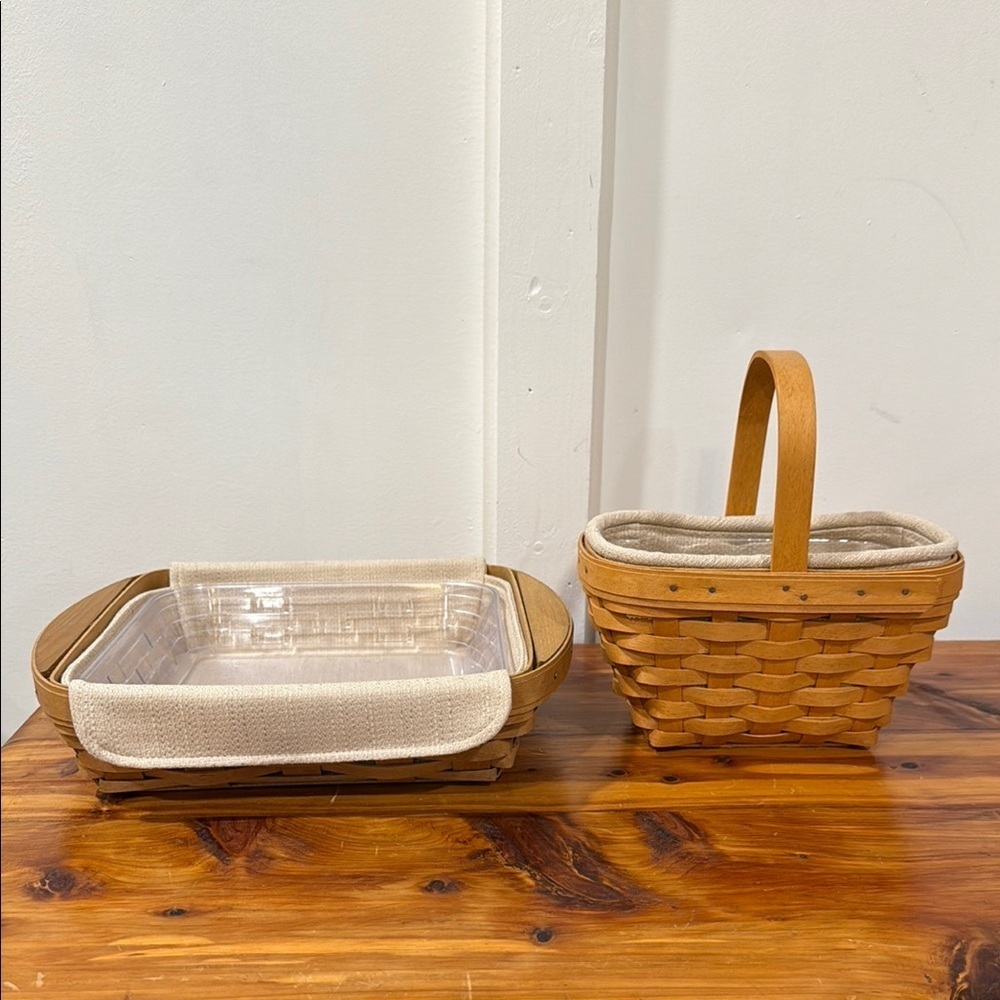 Vtg 2003 Longaberger Warm Brownie Basket & 2002 Handled Basket w/ Tan Liners